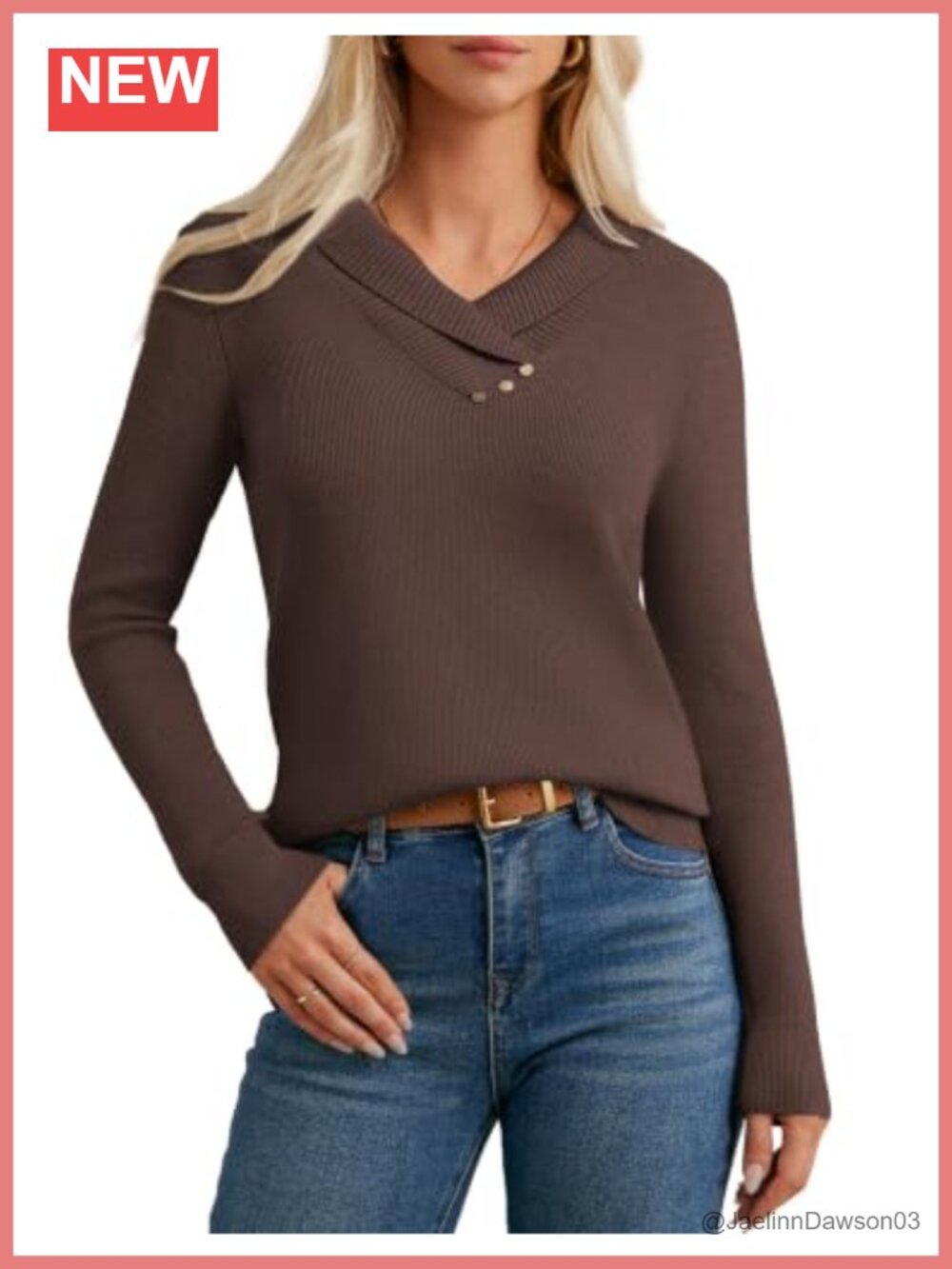 Women Long Sleeve V Neck Collar Knit Pullover Sweater Loose Fit Fall Layering